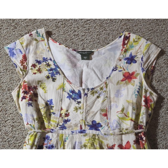 Eddie Bauer Dress Womens Small White Floral 100% Cotton Lined Cap Sleeve Belted - Picture 3 of 10